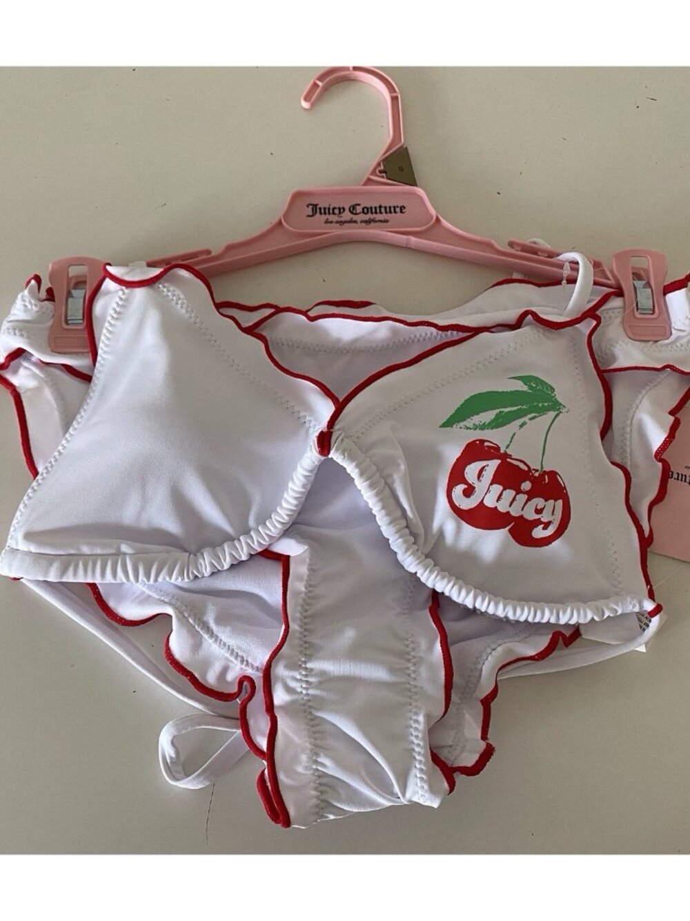 Juicy Couture‎ Cherry Logo Contrast Triangle Bikini Size S White Ruffle Bottoms